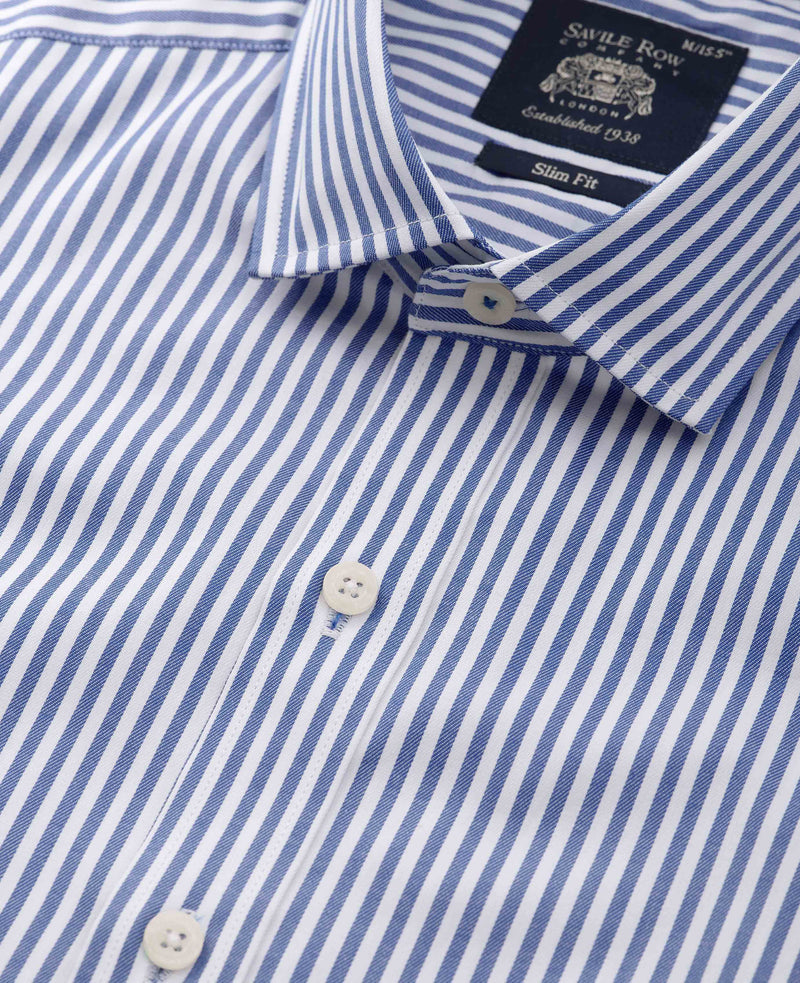 Men's Blue White Stretch Cotton Slim Fit Striped Smart Casual Shirt collar detail