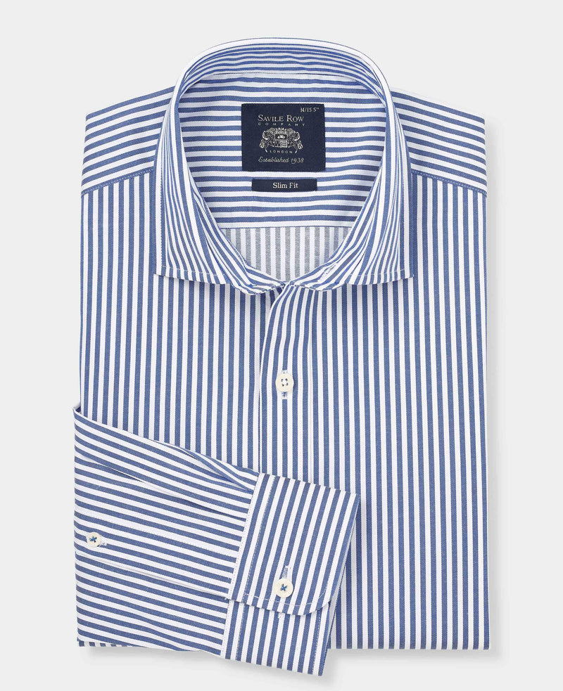 Men's Blue White Stretch Cotton Slim Fit Striped Smart Casual Shirt folded