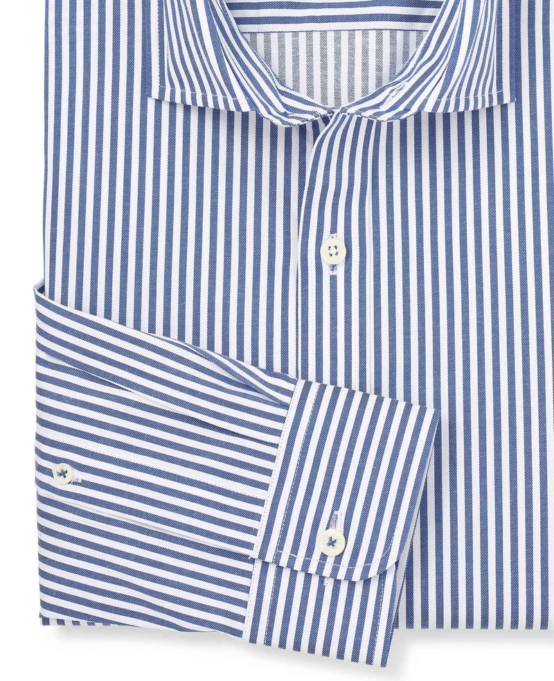 Men's Blue White Stretch Cotton Slim Fit Striped Smart Casual Shirt sleeve detail
