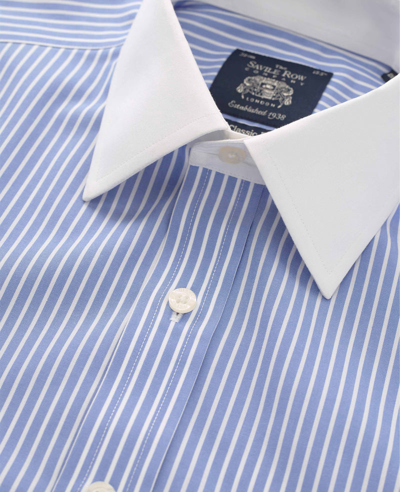 Blue White Stripe Classic Fit Non-Iron Shirt With White Collar & Cuffs - Double Cuff - Collar Detail - 2027BLW