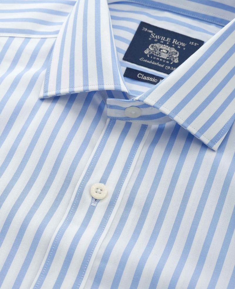 Blue White Stripe Cotton Poplin Classic Fit Formal Shirt - Single Cuff
