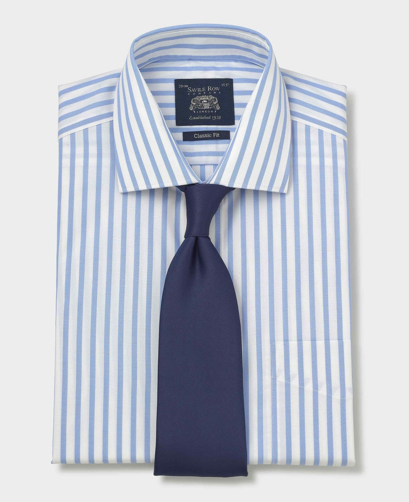Blue White Stripe Cotton Poplin Classic Fit Formal Shirt - Single Cuff