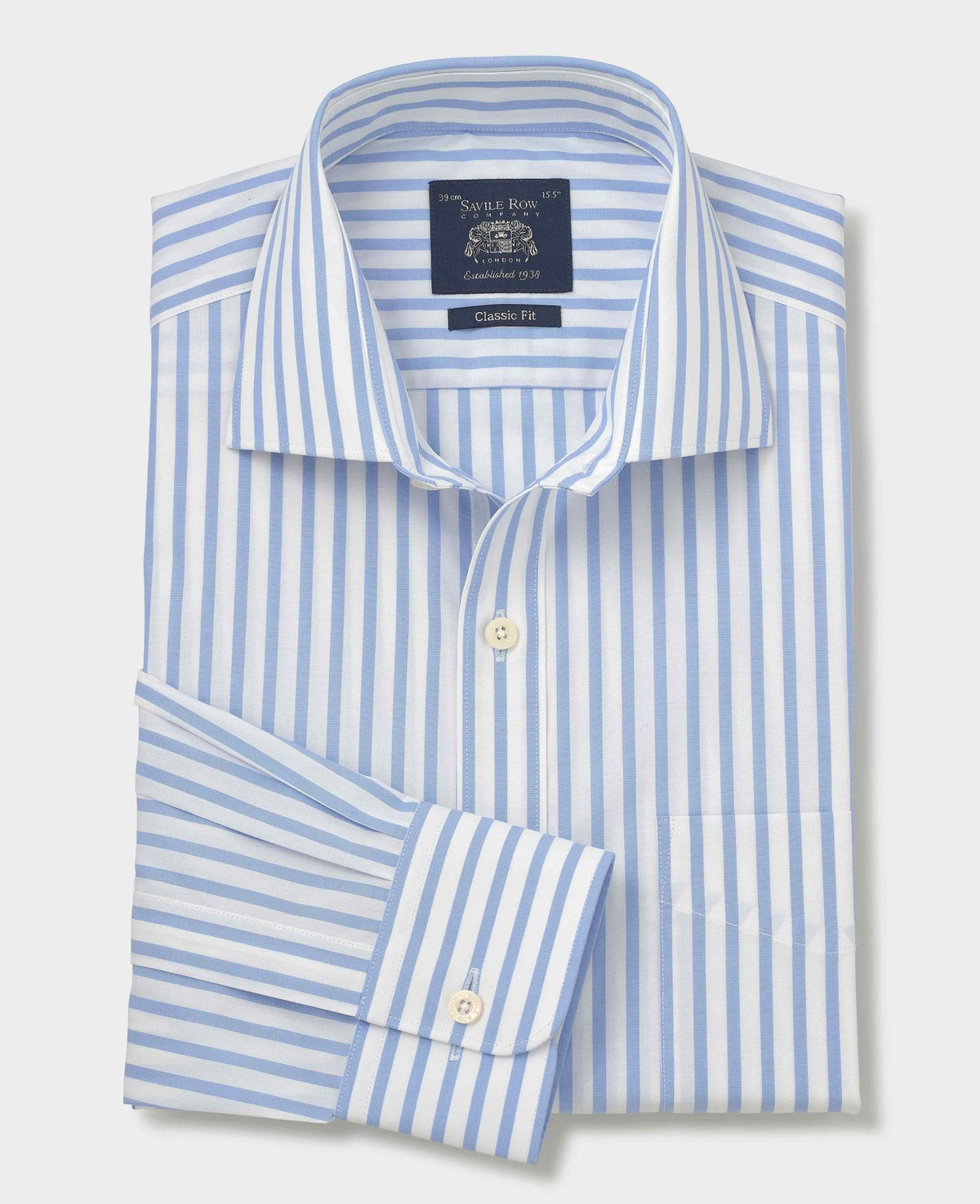 Men's Blue White Stripe Cotton Poplin Classic Fit Formal Shirt With Single Cuffs folded shot