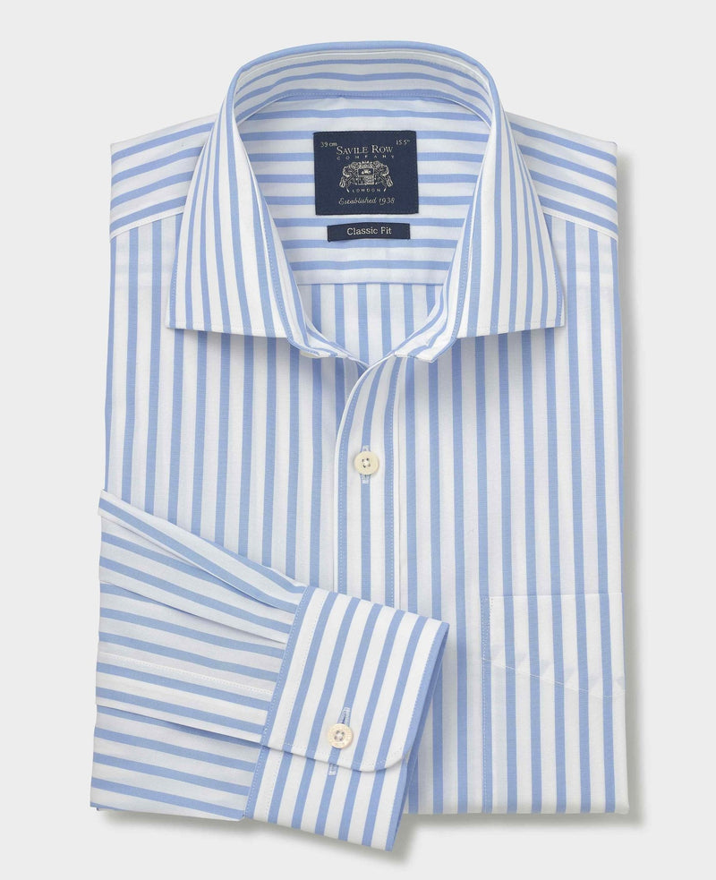 Blue White Stripe Cotton Poplin Classic Fit Formal Shirt - Single Cuff