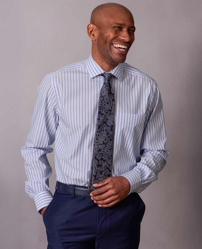 Blue White Stripe Cotton Poplin Classic Fit Formal Shirt - Single Cuff