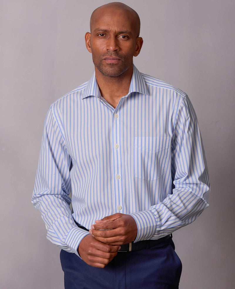 Blue White Stripe Cotton Poplin Classic Fit Formal Shirt - Single Cuff