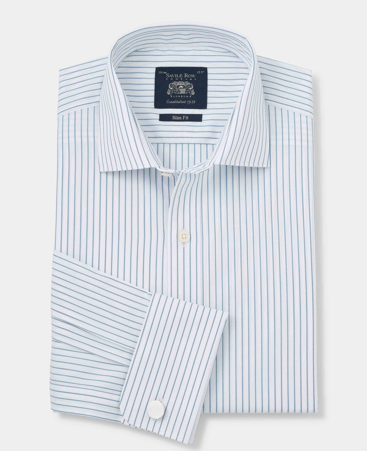 Men's Blue White Stripe Cotton Slim Fit Formal shirt With Double Cuffs folded