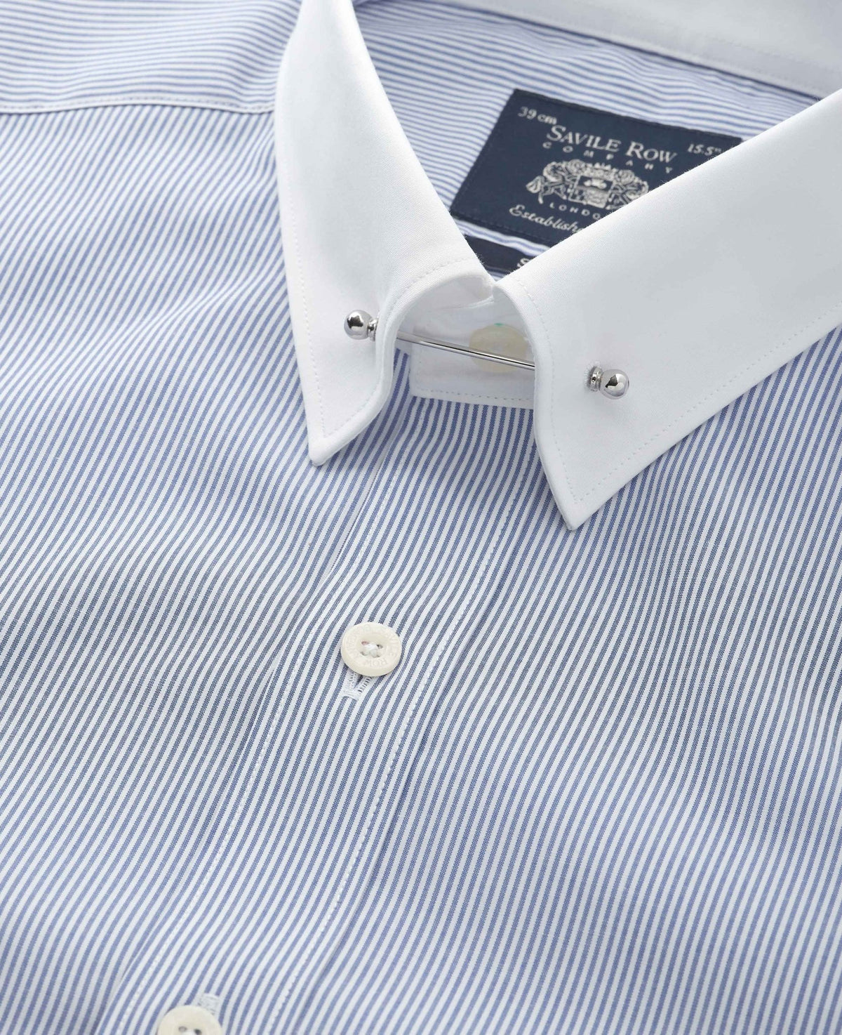 Men's Blue White Stripe Slim Fit Pin Collar Winchester Shirt With Double Cuffs collar detail