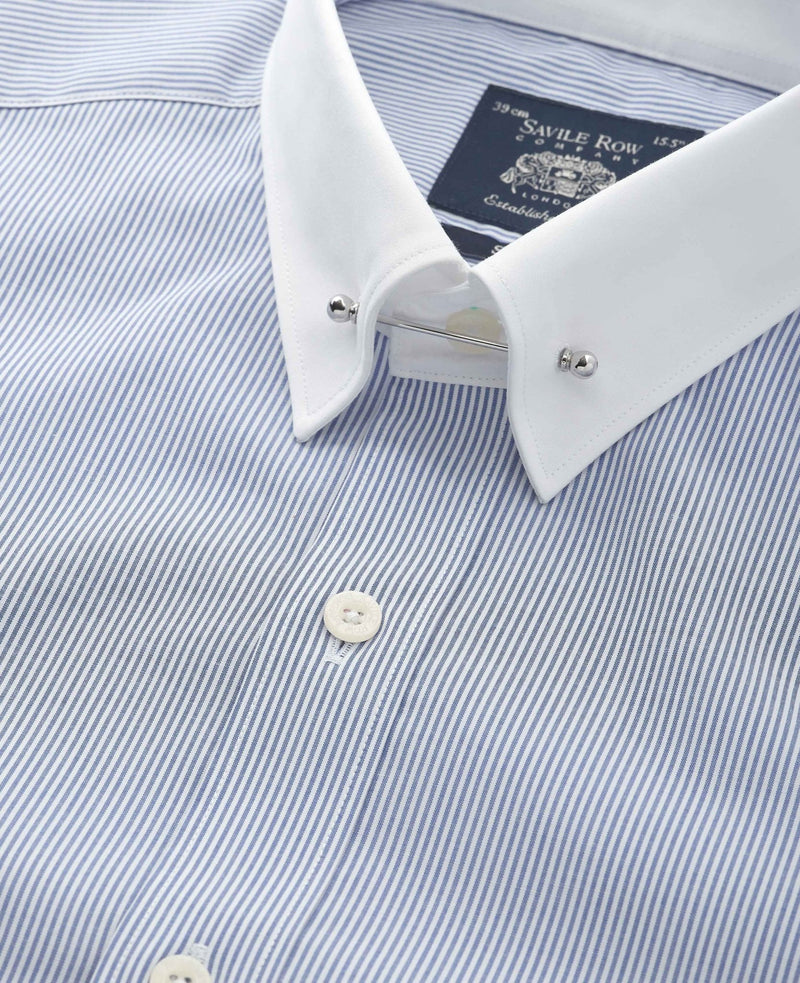 Blue White Stripe Poplin Slim Fit Pin Collar Winchester Formal Shirt - Double Cuff