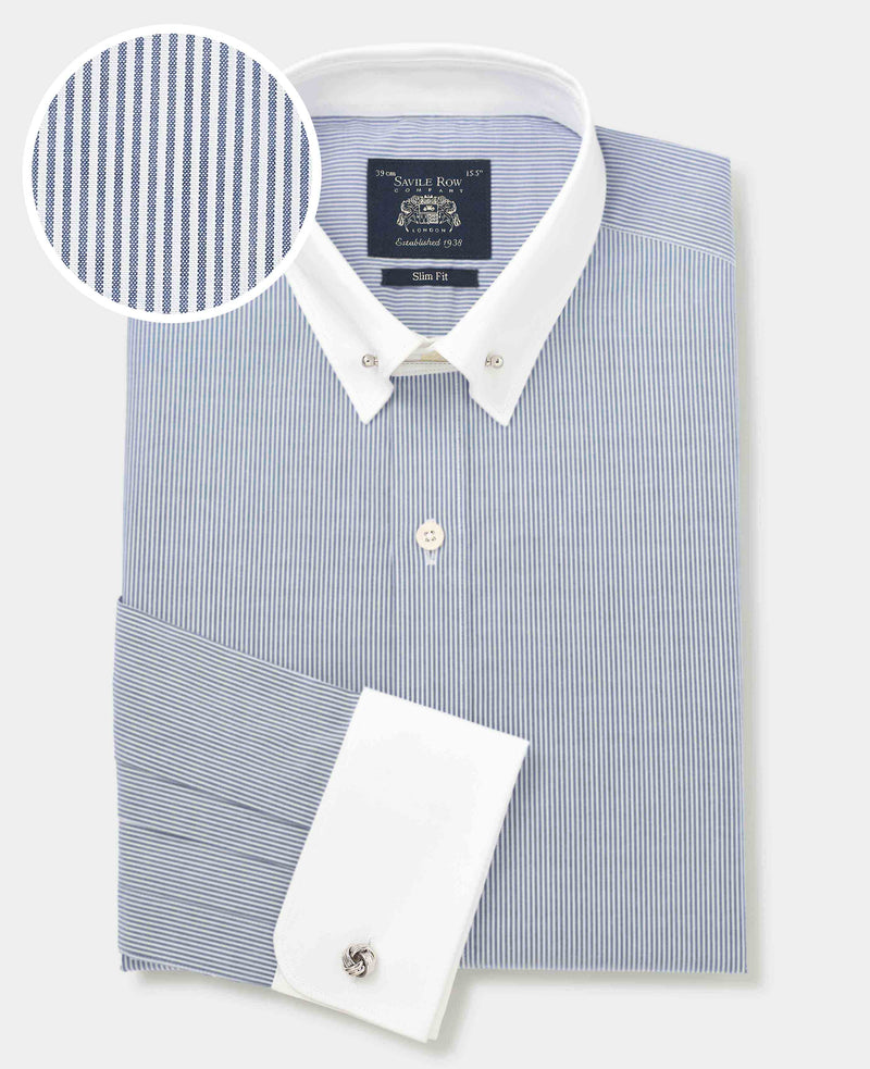 Blue White Stripe Poplin Slim Fit Pin Collar Winchester Formal Shirt - Double Cuff