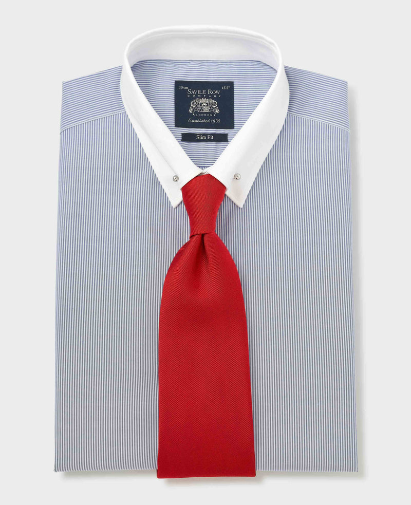 Blue White Stripe Poplin Slim Fit Pin Collar Winchester Formal Shirt - Double Cuff