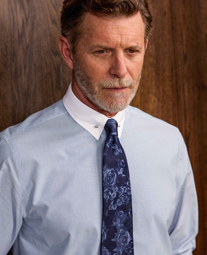 Blue White Stripe Poplin Slim Fit Pin Collar Winchester Formal Shirt - Double Cuff