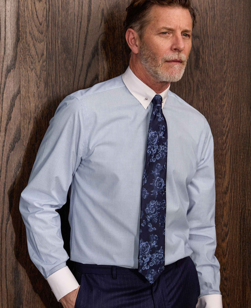 Blue White Stripe Poplin Slim Fit Pin Collar Winchester Formal Shirt - Double Cuff