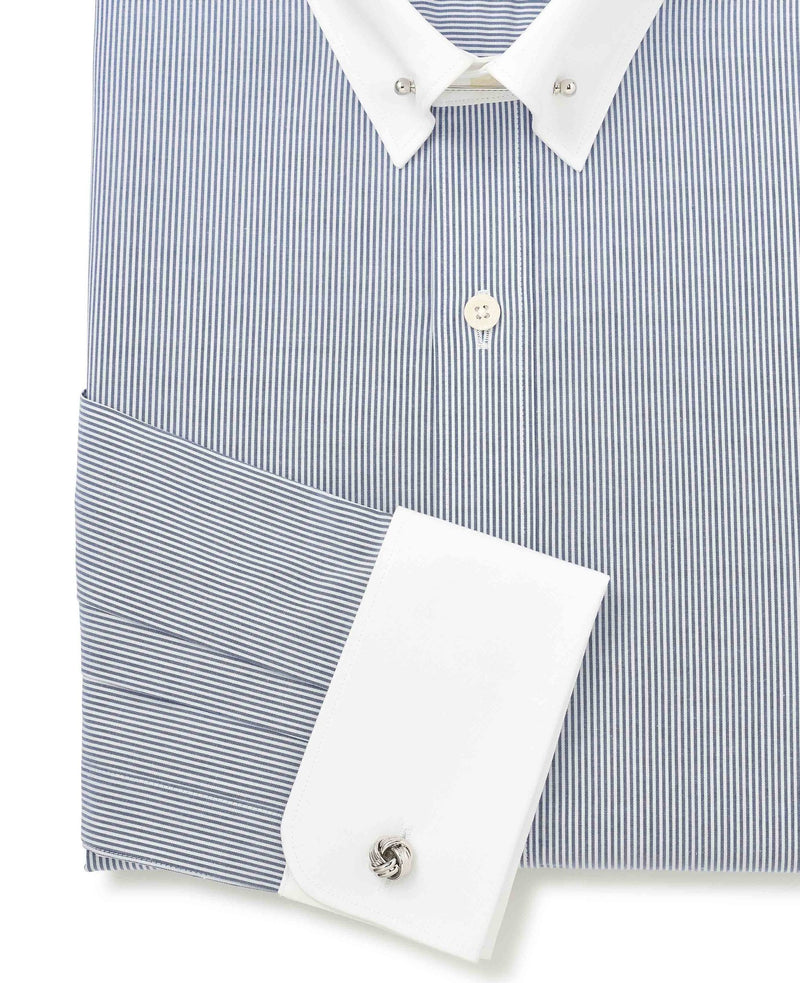 Blue White Stripe Poplin Slim Fit Pin Collar Winchester Formal Shirt - Double Cuff