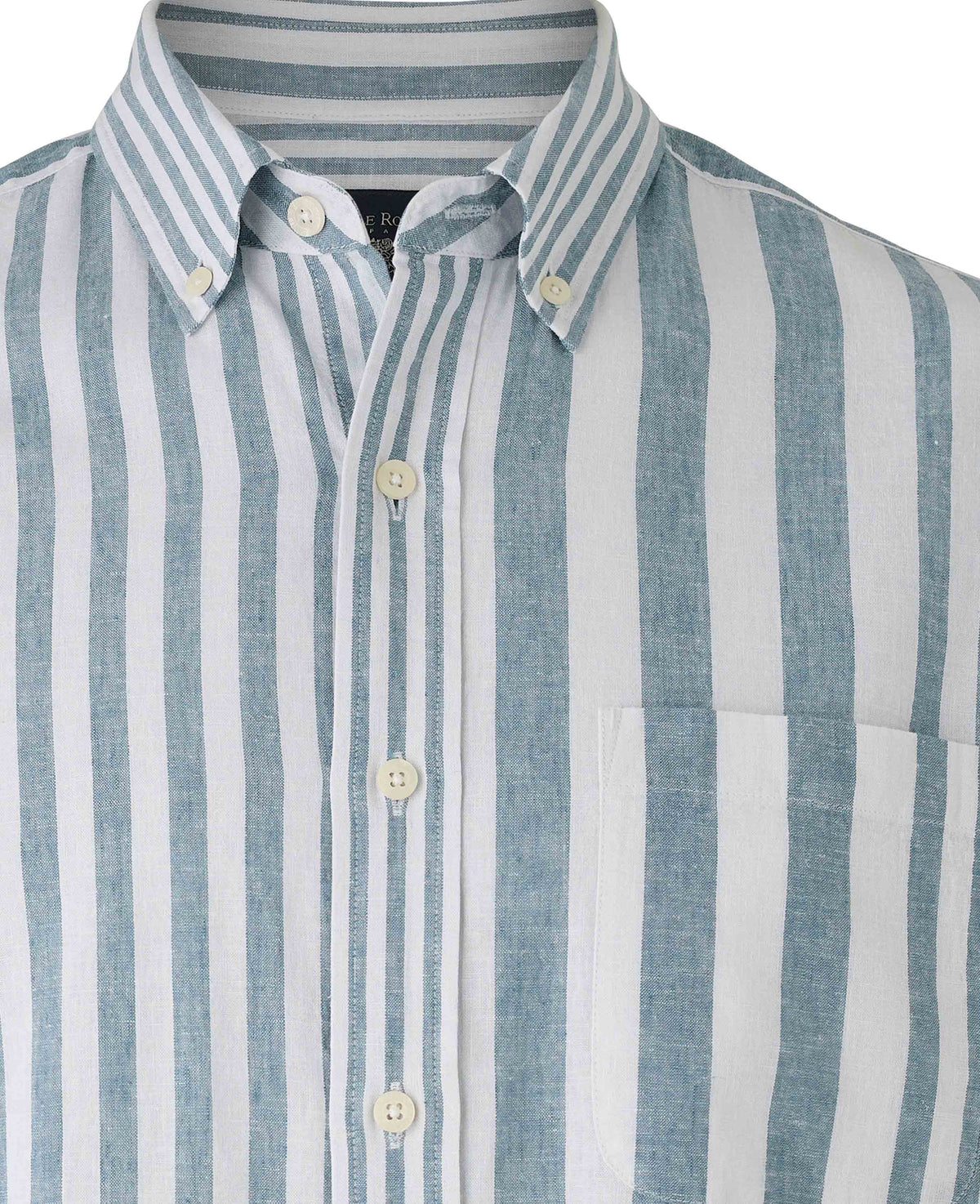 Men's Blue White Variegated Stripe Cotton Linen Classic Fit Button-Down Casual Shirt collar detail