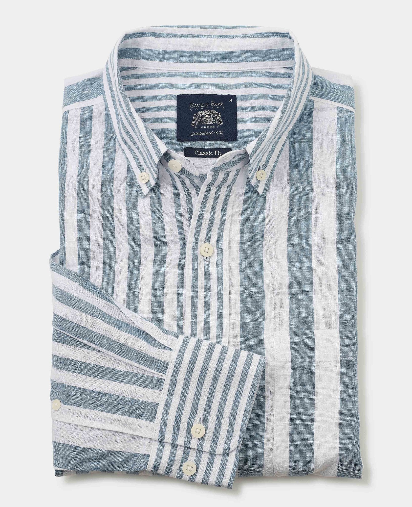Men's Blue White Variegated Stripe Cotton Linen Classic Fit Button