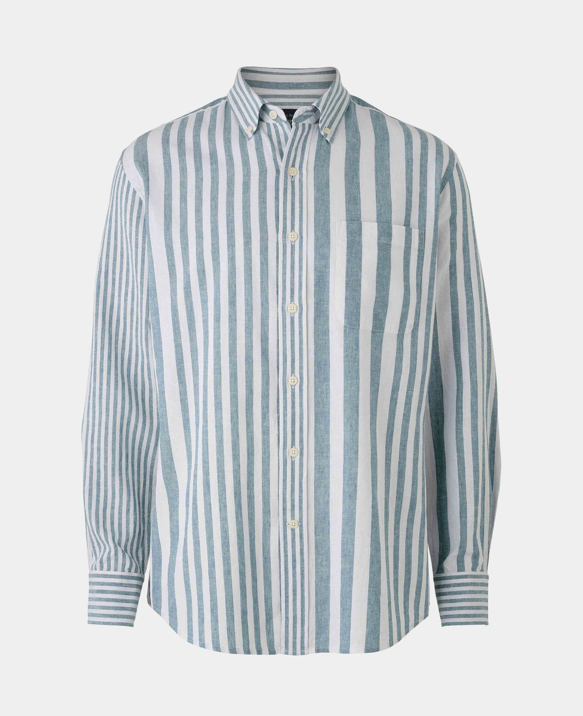 Men's Blue White Variegated Stripe Cotton Linen Classic Fit Button-Down Casual Shirt mannequin