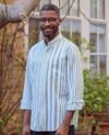 Blue White Variegated Stripe Cotton Linen Classic Fit Button-Down Casual Shirt