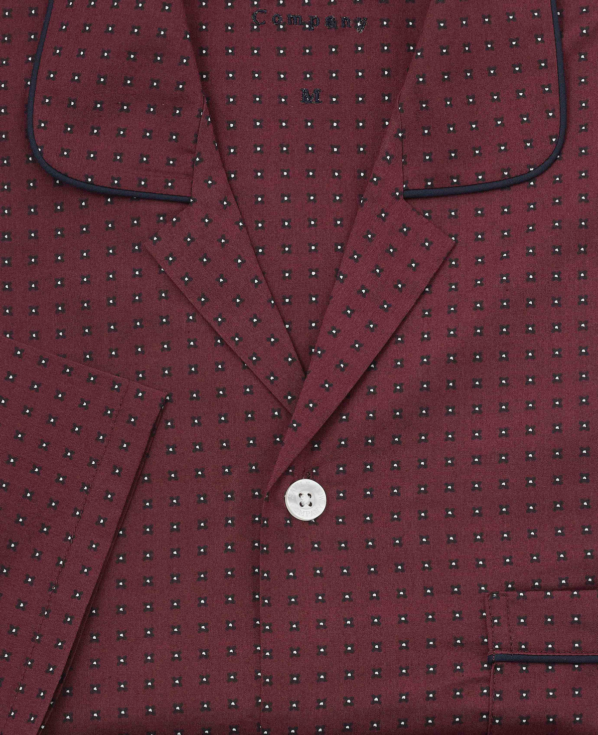Men's Burgundy Cotton Foulard Print Pyjamas collar detail