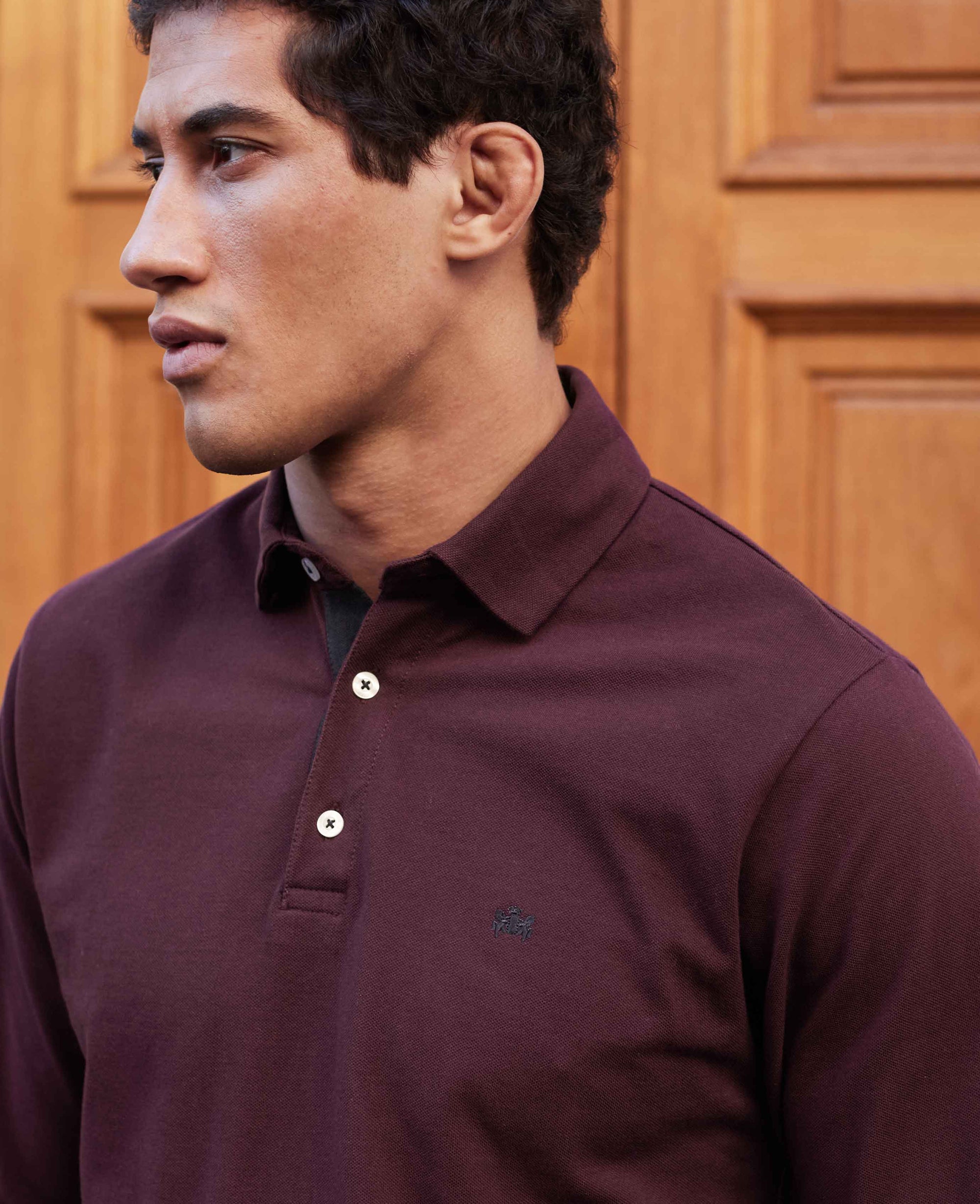Men's Burgundy Cotton Pique Long Sleeve Polo Shirt | Savile Row Company Men's Burgundy Cotton Pique Long Sleeve Polo Shirt | Savile Row Company