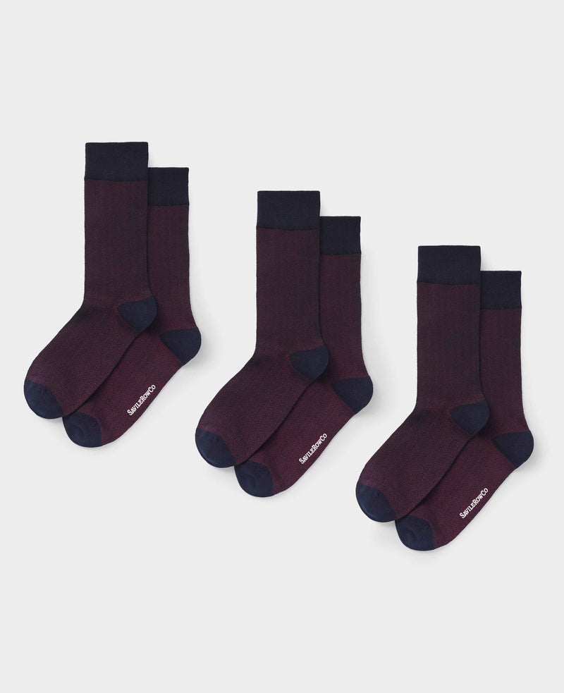 Burgundy Cotton Rich Herringbone Three Pack Socks