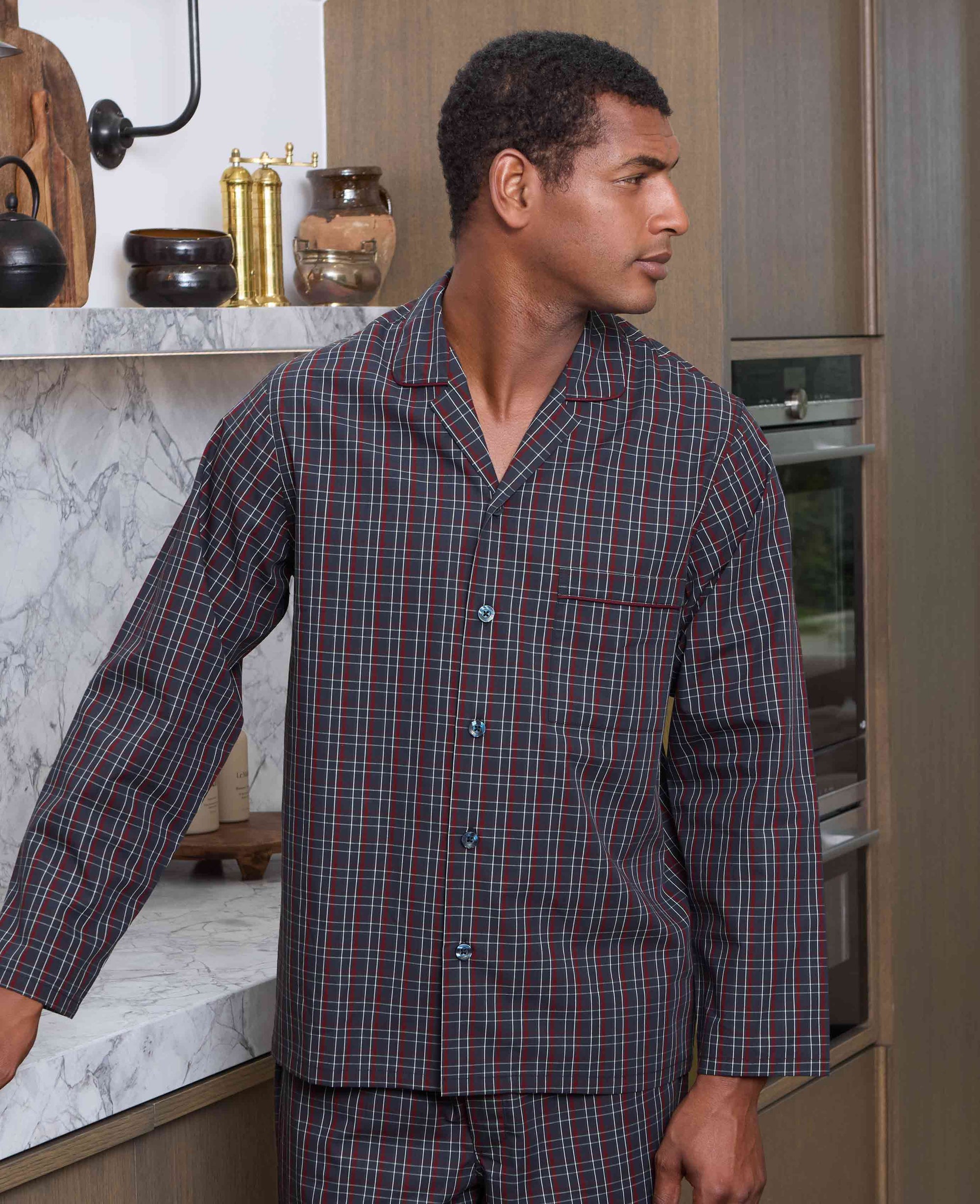 Men's Burgundy Cotton Window Check Pyjamas | Savile Row Company