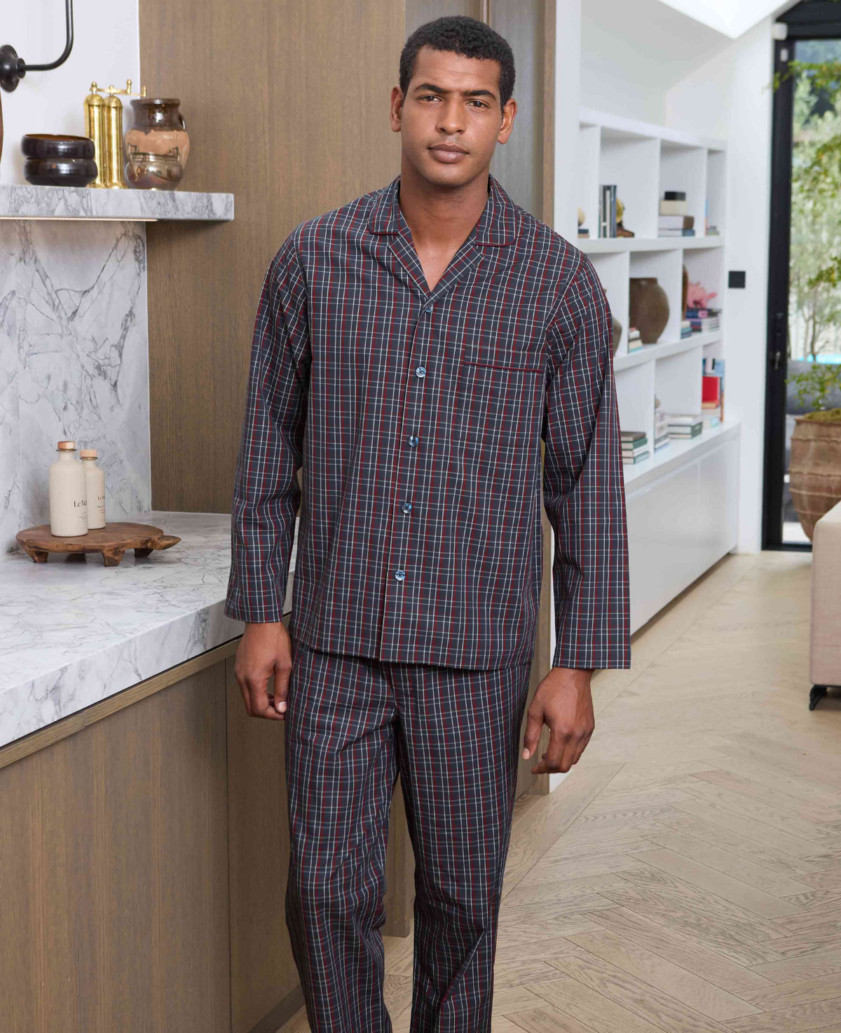 Men's Burgundy Cotton Window Check Pyjamas model shot