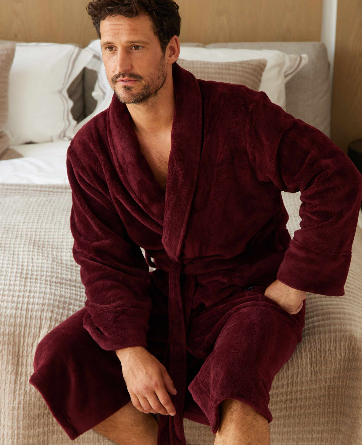 Burgundy Fleece Dressing Gown Model Image