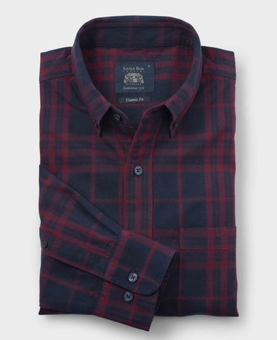 Burgundy Navy Brushed Cotton Check Classic Fit Button-Down Casual Shirt