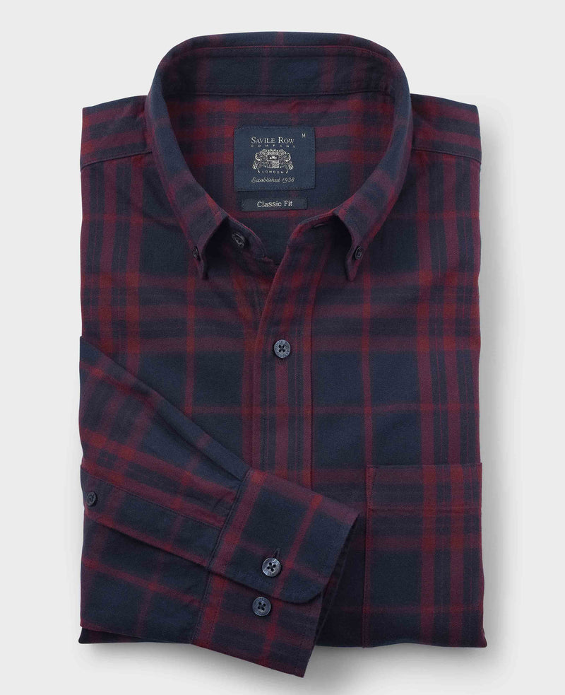 Burgundy Navy Brushed Cotton Check Classic Fit Button-Down Casual Shirt