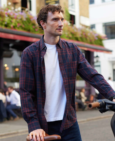 Burgundy Navy Brushed Cotton Check Classic Fit Button-Down Casual Shirt