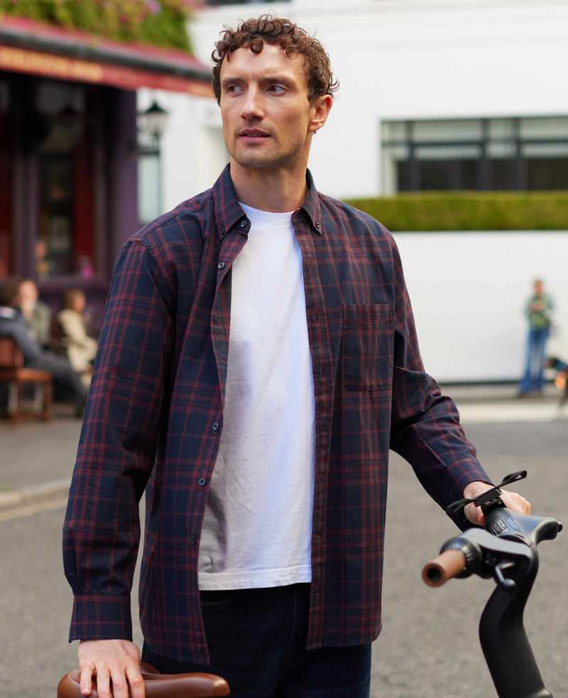 Burgundy Navy Brushed Cotton Check Classic Fit Button-Down Casual Shirt