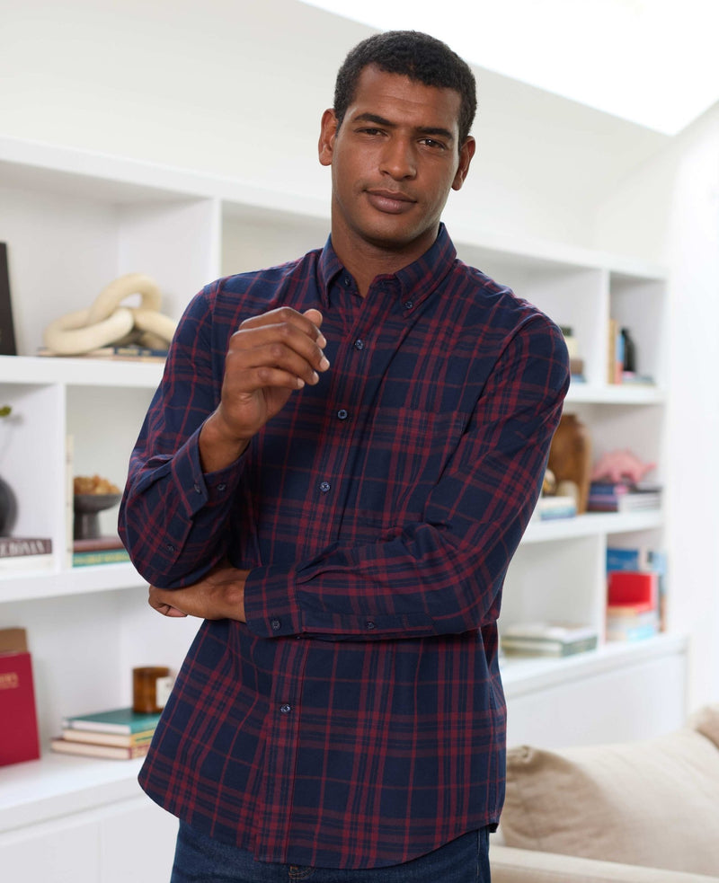 Burgundy Navy Brushed Cotton Check Classic Fit Button-Down Casual Shirt