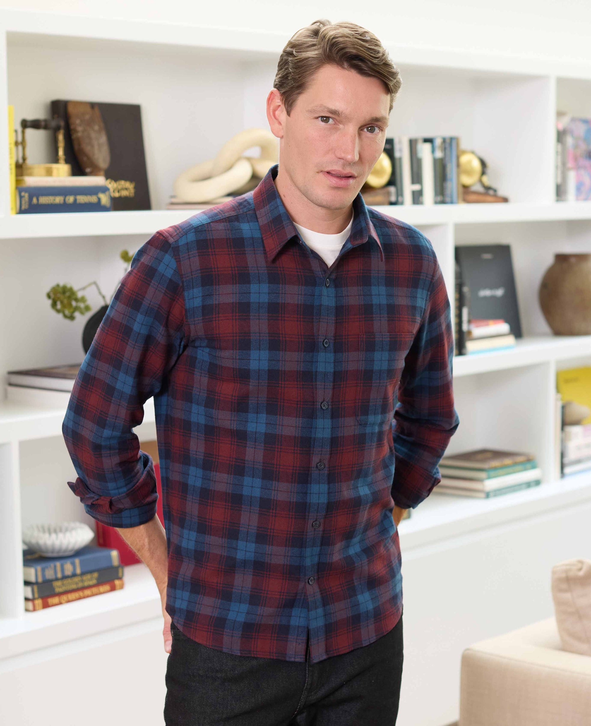 Men's Burgundy Blue Brushed Cotton Check Slim Fit Casual Shirt | Savile Row Company Men's Burgundy Blue Brushed Cotton Check Slim Fit Casual Shirt | Savile Row Company