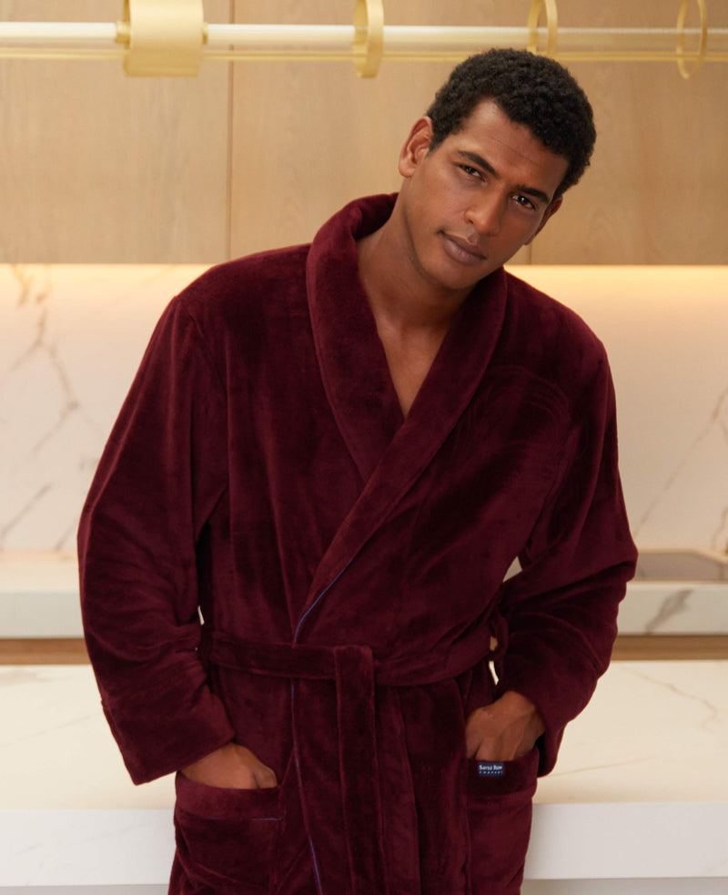 burgundy piped fleece dressing gown mdg939bur model image 1