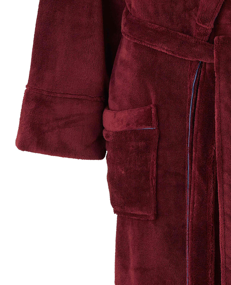 burgundy piped fleece dressing gown mdg939bur pocket detail