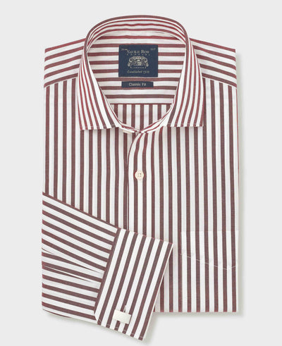 Burgundy Stripe Cotton Poplin Classic Fit Formal Shirt - Double Cuff