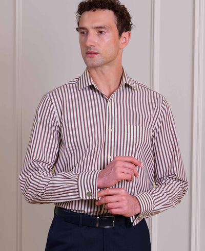 Burgundy Stripe Cotton Poplin Classic Fit Formal Shirt - Double Cuff