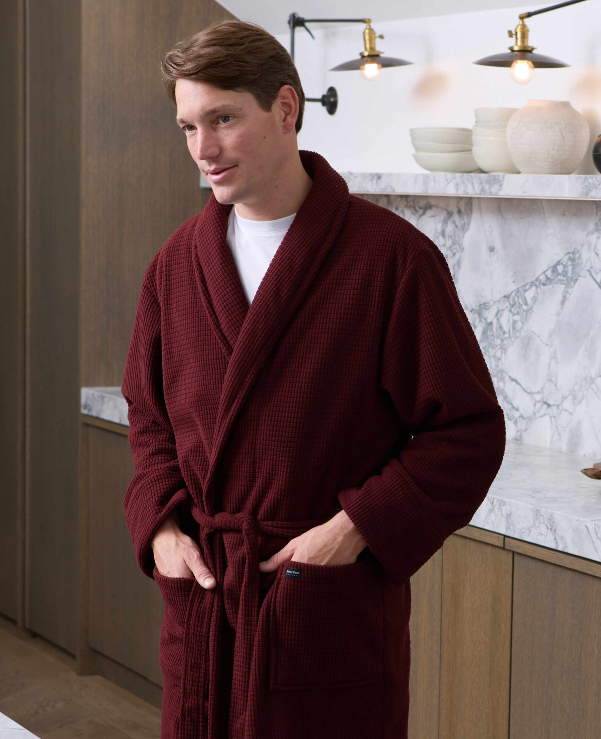 Men's Burgundy Super Soft Waffle Dressing Gown model shot