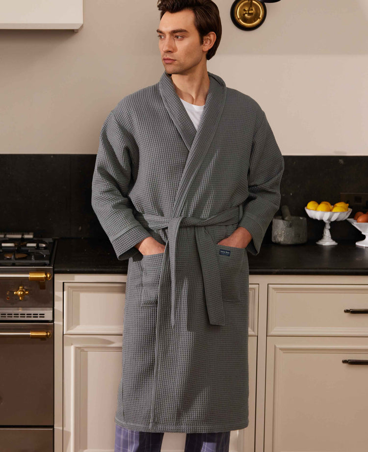 Men's Charcoal Cotton Waffle Dressing Gown