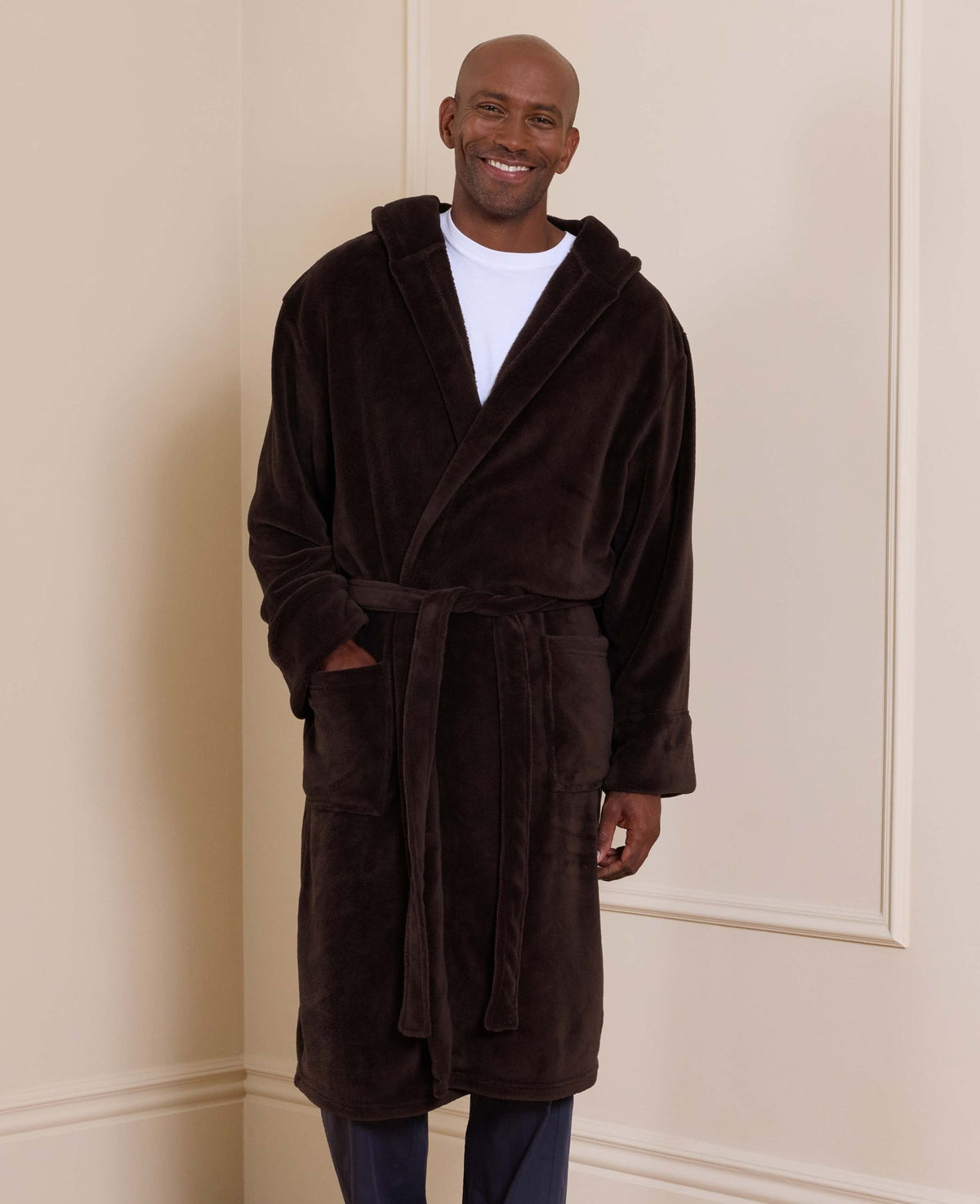 Chocolate Brown Hooded Fleece Dressing Gown