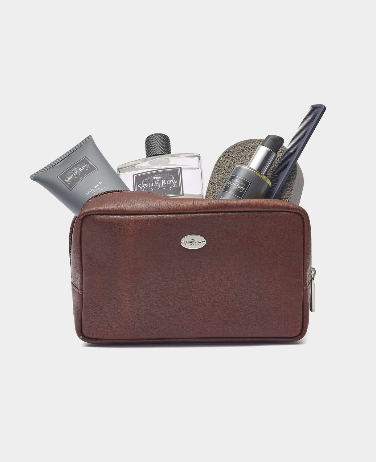 Men's Chocolate Brown Leather Wash Bag opened