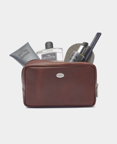 Men's Chocolate Brown Leather Wash Bag opened