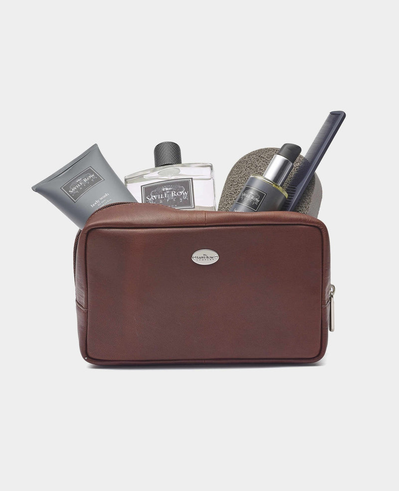 Men's Chocolate Brown Leather Wash Bag opened