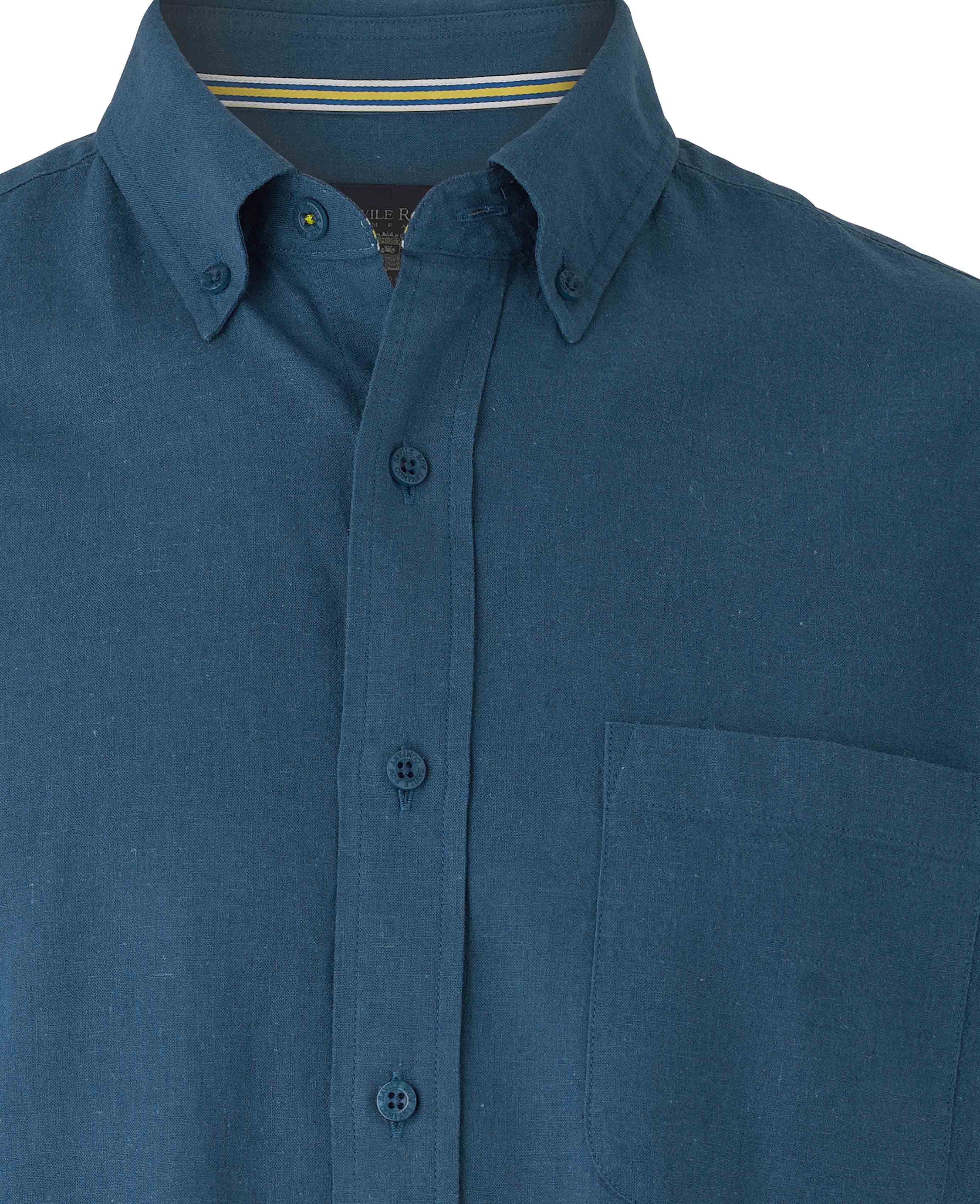 Men's Dark Blue Linen Cotton Classic Fit Button-Down Casual Shirt