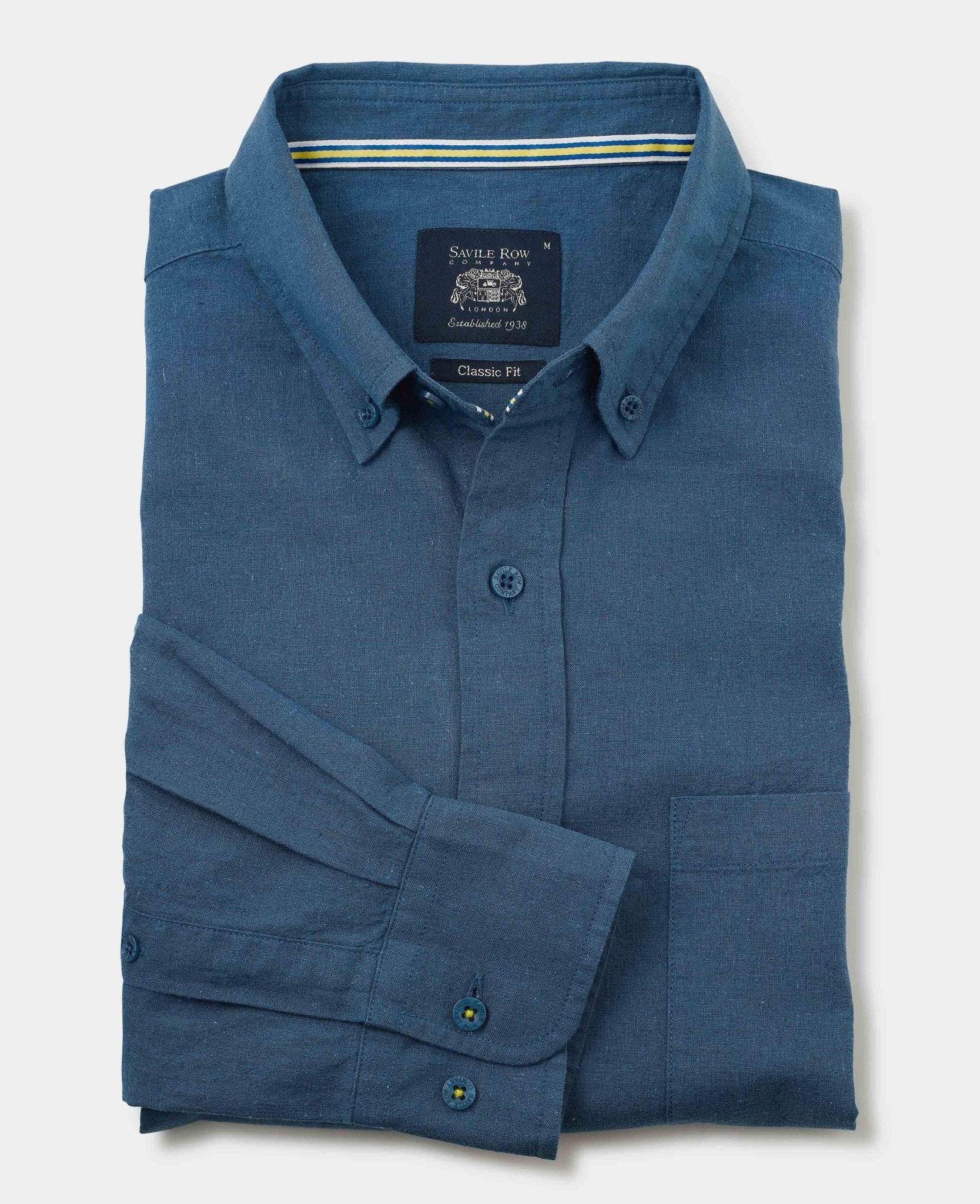 Men's Dark Blue Linen Cotton Classic Fit Button-Down Casual Shirt