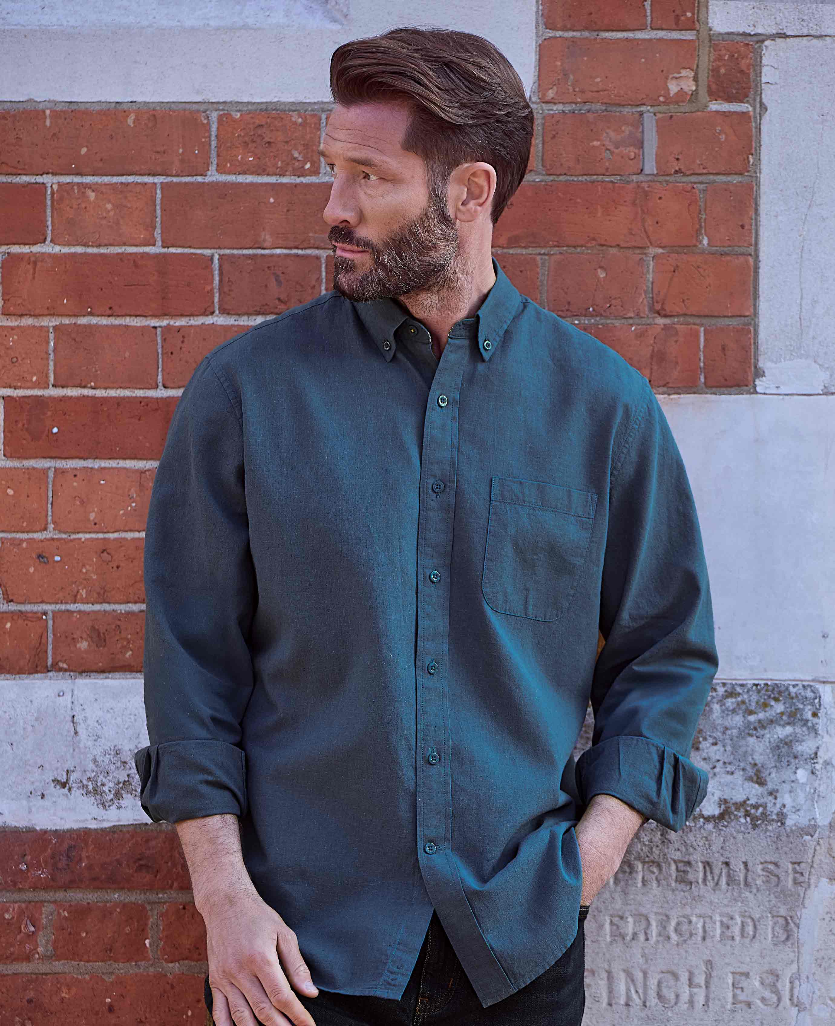 Men's Dark Blue Linen Cotton Classic Fit Button-Down Casual Shirt