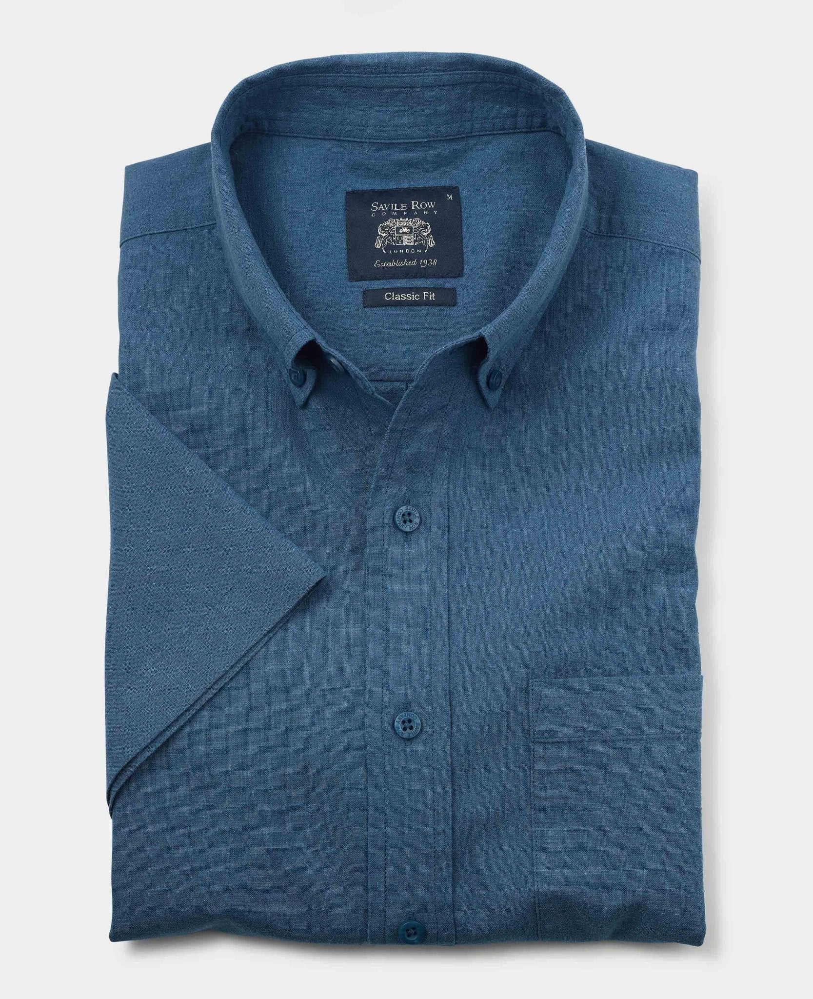 Men's Dark Blue Linen Cotton Classic Fit Short Sleeve Casual Shirt