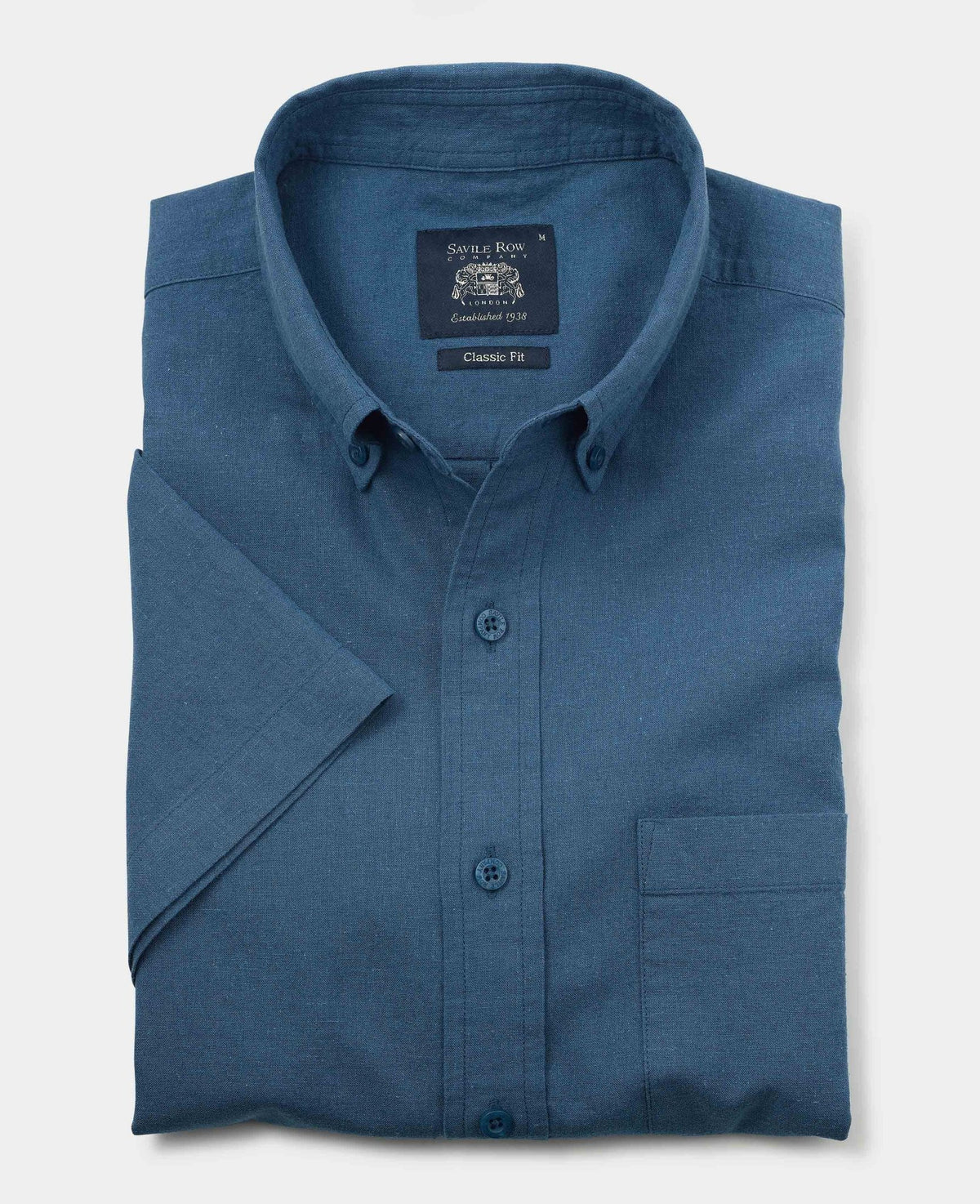 Men's Dark Blue Linen Cotton Classic Fit Short Sleeve Casual Shirt folded