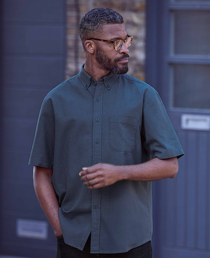 Dark Blue Linen Cotton Classic Fit Button-Down Short Sleeve Casual Shirt